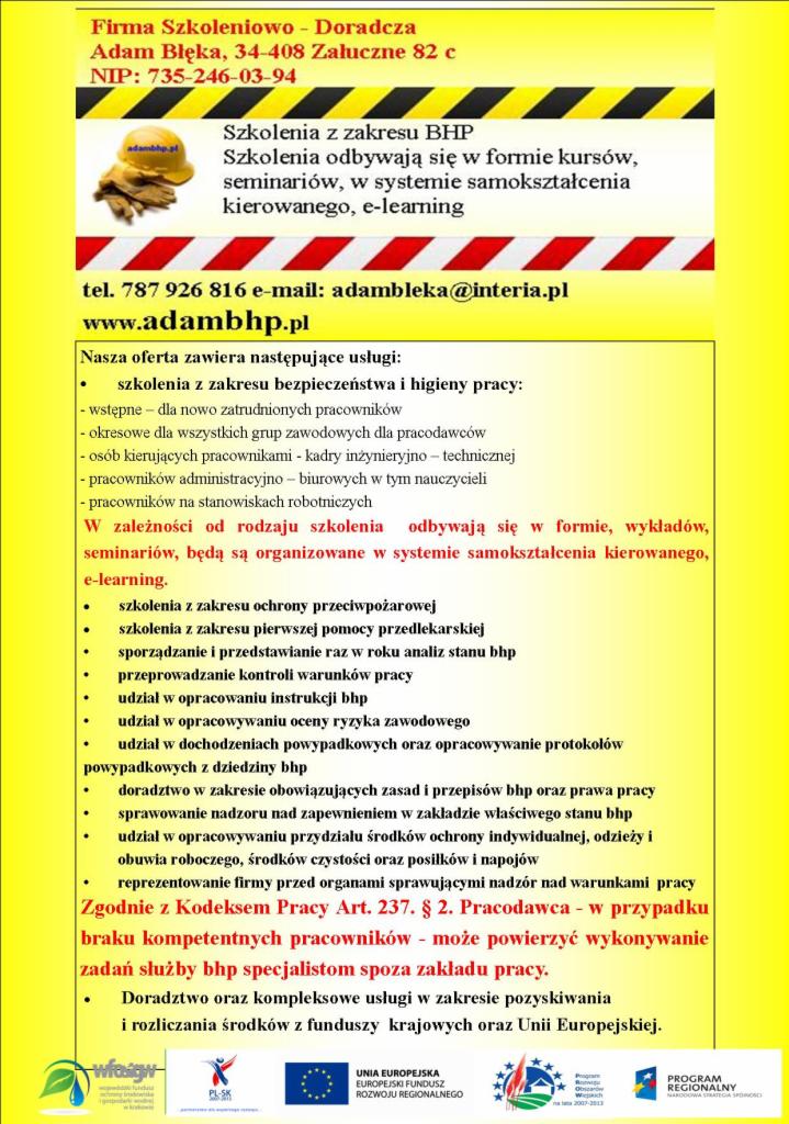 Plakat informacyjny firmy oferującej szkolenia i doradztwo w zakresie bezpieczeństwa i higieny pracy, w tym szkolenia okresowe, ppoż, pierwsza pomoc, ocena ryzyka zawodowego, doradztwo...