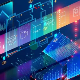 Grafika koncepcyjna inteligentnego domu z planem mieszkania, symbolami urządzeń i interfejsem smartfona, wszystko w estetyce cyfrowej z dominacją błękitu i neonowych akcentów.