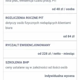 Lista usług biura rachunkowego: Księga Przychodów i Rozchodów, Administrowanie kadrami i płacami, Rozliczenia roczne PIT, Ryczałt ewidencjonowany, Szkolenia BHP, Wypełnianie wniosków do Urzędu...