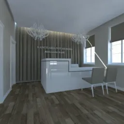 Wizualizacja recepcji kancelarii notarialnej z białym biurkiem, dwiema krzesłami dla klientów i zasłonami w tle, oświetlona dwoma ozdobnymi żyrandolami.