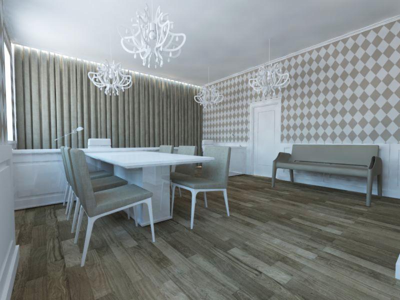 Wizualizacja jadalni w stylu nowoczesnym: biały stół z krzesłami, drewniana podłoga, ściana w romby, designerskie żyrandole i szare zasłony.