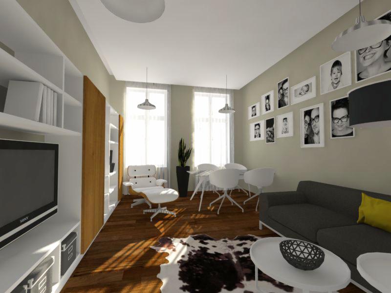 Nowoczesny salon z drewnianą podłogą, szarą sofą z żółtą poduszką, białym stolikiem kawowym z czarnym koszykiem, dywanem w krowie łaty, białymi krzesłami przy stole, galerią czarno-białych zdjęć...