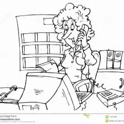 Karykatura kobiety w biurze, rozmawiającej przez telefon, z otwartym segregatorze i dokumentami na biurku.