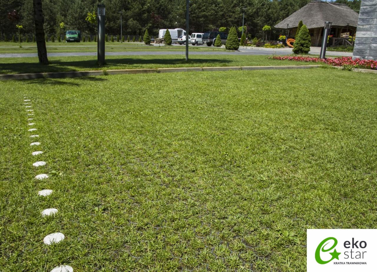 Ujęcie trawnika wzmocnionego kratką trawnikową Eko Star, z ścieżką z okrągłych kamieni. W tle widoczny parking z samochodami i budynek z dachem krytym strzechą.