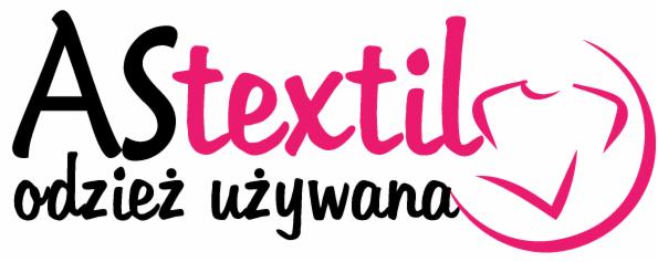 Logo firmy AStextil z napisem 'odzież używana' w czerni i różu, z graficznym symbolem ubrania w okręgu.