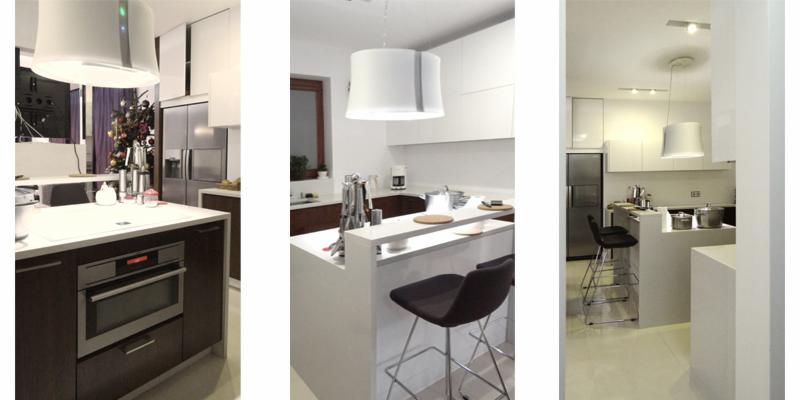 Nowoczesna kuchnia w odcieniach bieli i brązu z wyspą, barem i wiszącymi lampami, widok z różnych perspektyw.