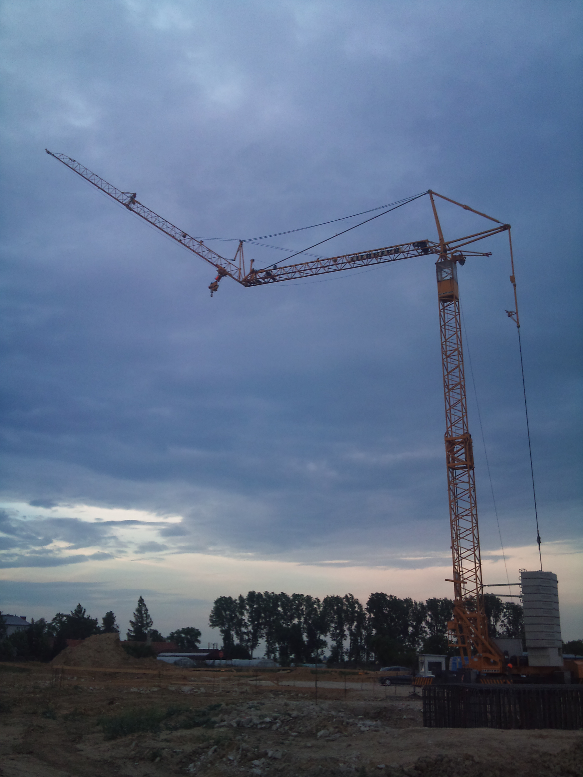 Żuraw wieżowy Liebherr na tle pochmurnego nieba i linii drzew, widoczny w trakcie pracy na placu budowy.