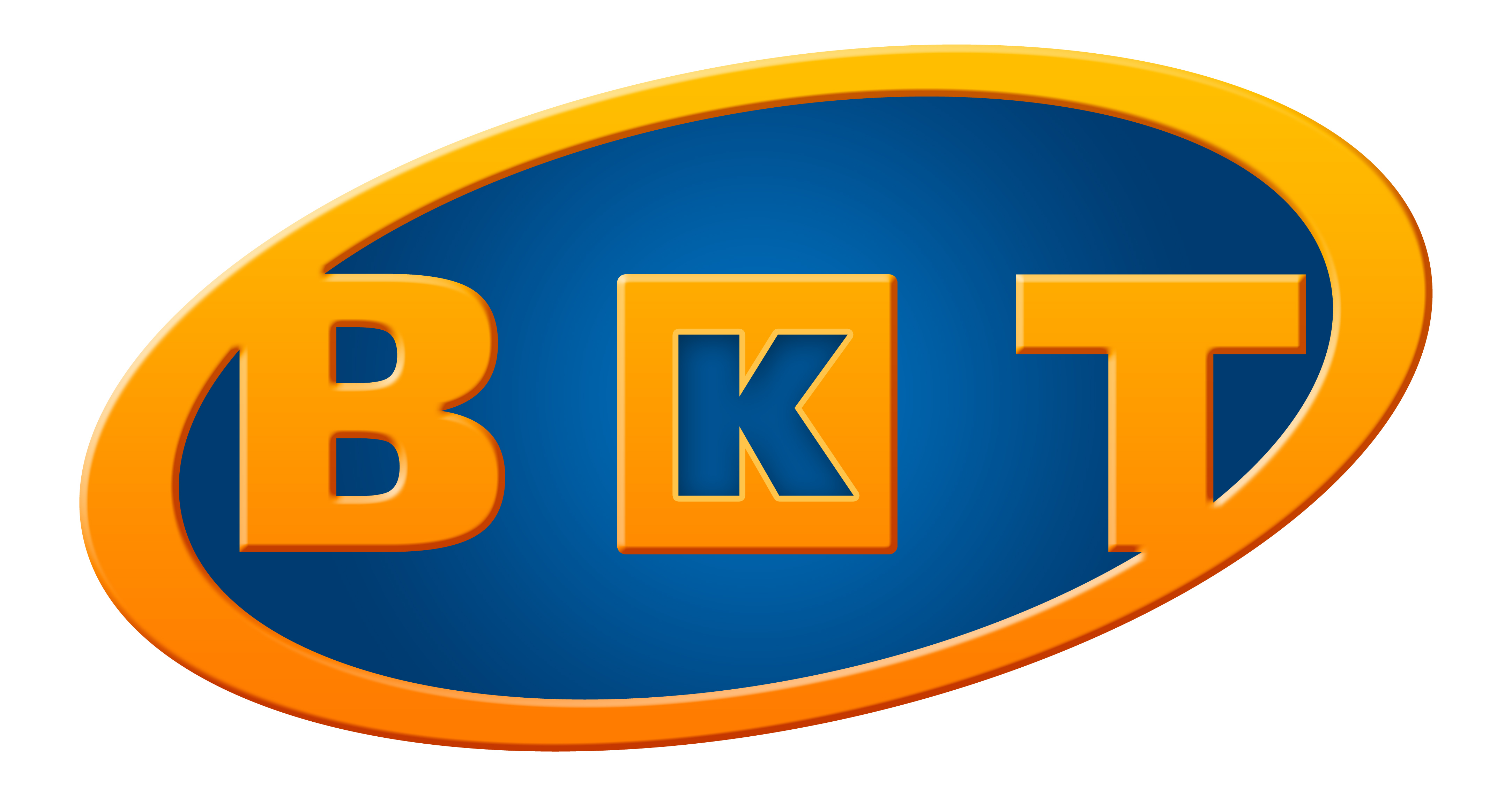 Logo firmy BKT w owalnej ramce, niebieskie tło, pomarańczowe litery o grubym kroju.