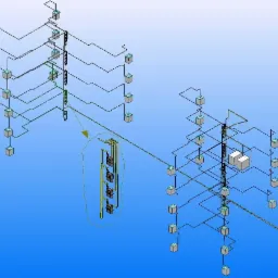 Schemat 3D instalacji sanitarnych z zaznaczonym fragmentem pionu z zaworami, widok izometryczny na niebieskim tle.