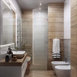 Nowoczesna łazienka z drewnianymi panelami ściennymi, kabiną prysznicową ze szkła, umywalką nablatową i bidetem, oświetlona punktowymi lampami sufitowymi.