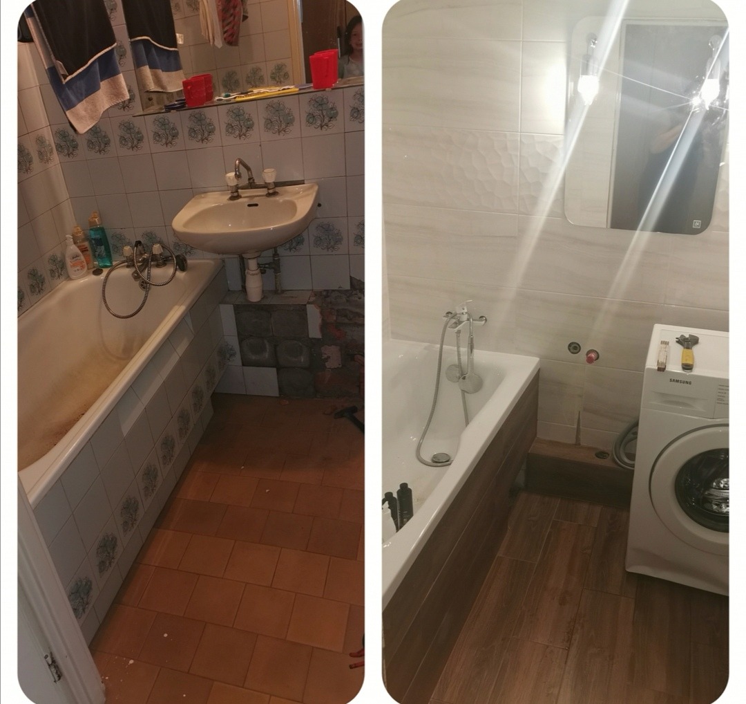 Porównanie łazienki przed i po: Stara, brudna wanna i zniszczone płytki kontra nowa, biała wanna z drewnianą obudową, jasne płytki i pralka Samsung.