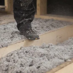 Pracownik w ubrudzonych roboczych butach stoi na drewnianej konstrukcji wypełnionej szarą wełną izolacyjną podczas montażu ocieplenia.