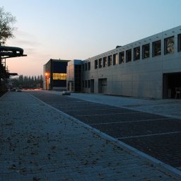 BEAR Polska - Nowa nawierzchnia z kostki brukowej na parkingu przemysłowym, widoczne jesienne liście i elementy konstrukcyjne w tle, oświetlone wczesnym porankiem.