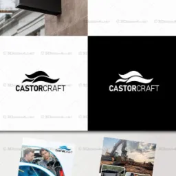Wizualizacje logo firmy Castorcraft w różnych wariantach: na szyldzie reklamowym, jako grafika wektorowa w kolorze i czerni oraz na ulotkach reklamowych z fotografiami realizacji.