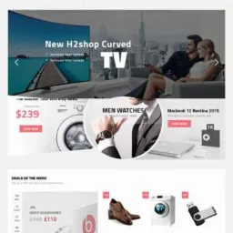 Układ strony głównej sklepu internetowego Woo E-Shop z telewizorem, pralką, zegarkiem i laptopem na banerach reklamowych oraz ofertami tygodnia na słuchawki, buty, pralkę i pendrive.