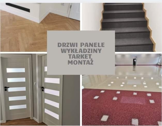 Kompozycja czterech zdjęć: parkiet ułożony w jodełkę, schody wyłożone szarą wykładziną, dwoje białych drzwi z przeszkleniami oraz czerwona podłoga z białymi kwadratami