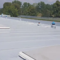 Płaski dach przemysłowy pokryty szarą powłoką ochronną, z widocznymi świetlikami i niebieskimi wentylatorami dachowymi, w tle zieleń drzew.