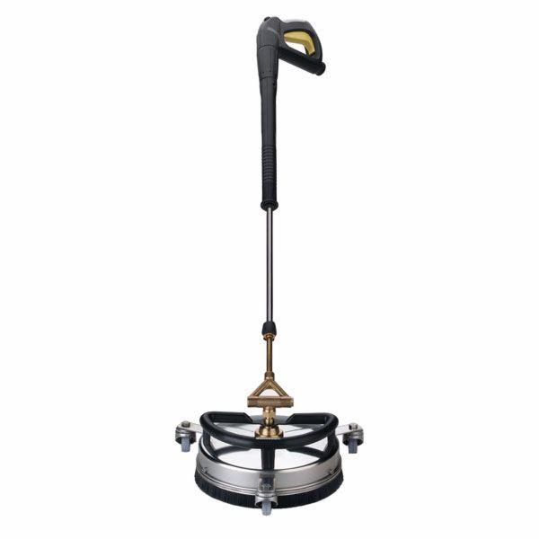 Profesjonalna dysza rotacyjna do myjki ciśnieniowej, z uchwytem i okrągłą obudową ze stali nierdzewnej, na białym tle.