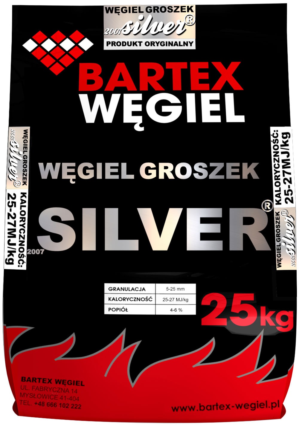 Opakowanie ekogroszku Bartex Węgiel Silver 25 kg z informacjami o granulacji, kaloryczności i zawartości popiołu, na czarnym tle z czerwonymi akcentami graficznymi.