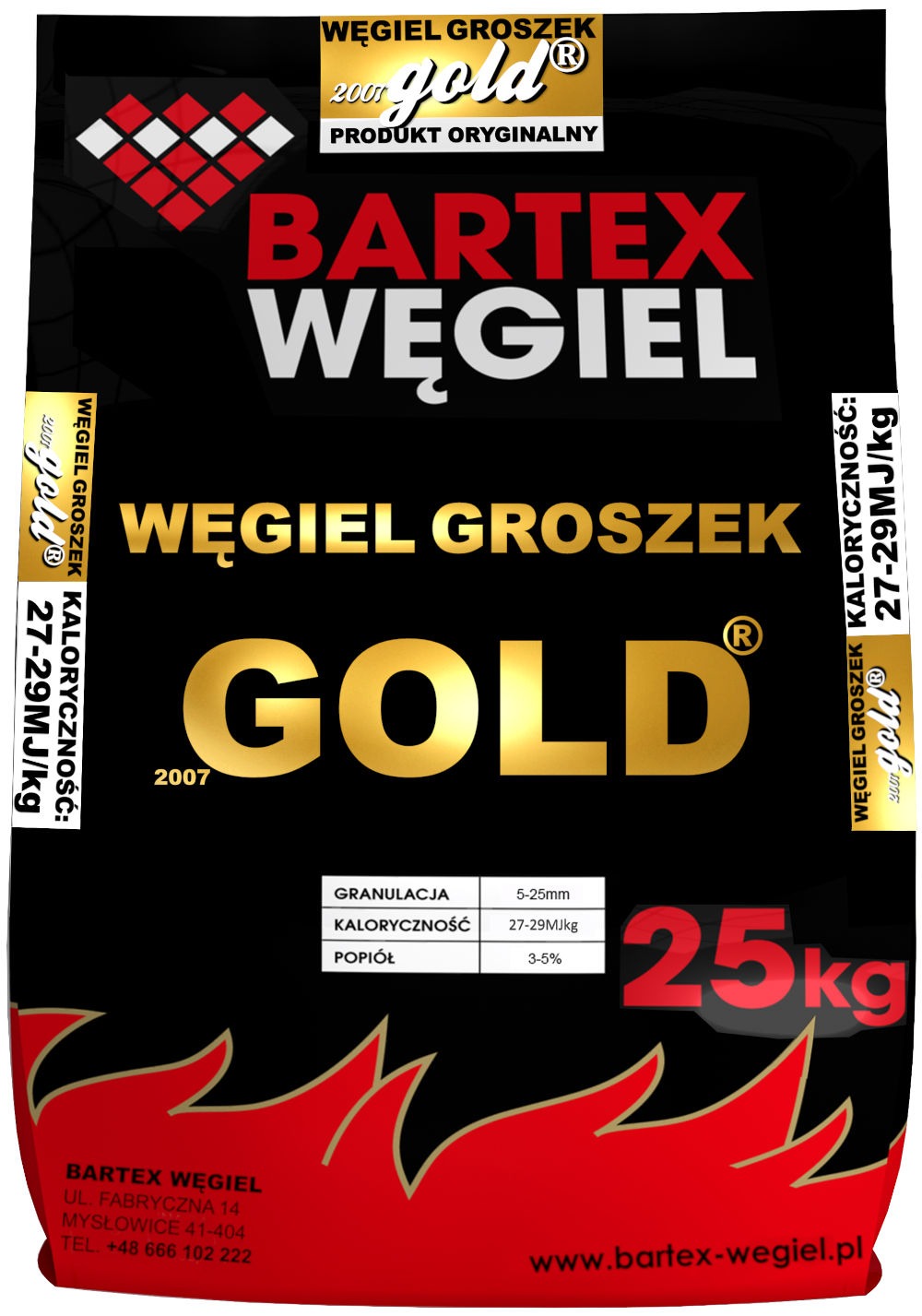 Worek węgla groszku marki Bartex Węgiel Gold, z informacjami o granulacji, kaloryczności i zawartości popiołu, o wadze 25 kg.