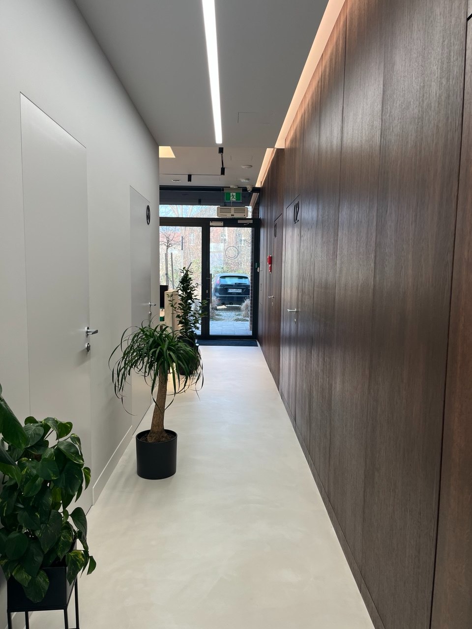 Nowoczesny korytarz z białymi ścianami, drewnianą boazerią i roślinami doniczkowymi. Widoczne drzwi wejściowe z widokiem na zewnątrz i oświetlenie LED.