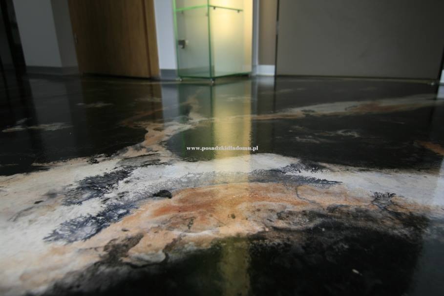 Błyszcząca, czarna posadzka żywiczna z unikalnym wzorem przypominającym marmur, odbijająca światło i elementy otoczenia, takie jak drzwi i szklana witryna.