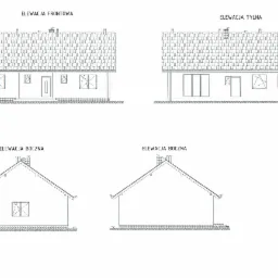 Rzut elewacji domu jednorodzinnego z czterech stron: frontowej, tylnej i dwóch bocznych. Szczegółowy rysunek techniczny z wymiarami i oznaczeniami.