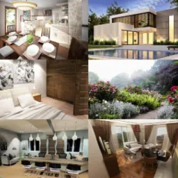 Zestawienie aranżacji: nowoczesny dom z basenem, wnętrza mieszkań (salon, sypialnia, łazienka), biuro, ogród i kino domowe. Różnorodność stylów i projektów.