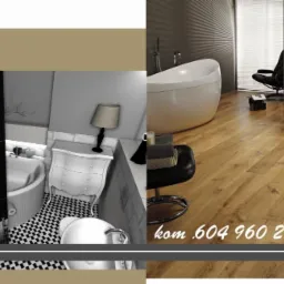 Wizualizacja łazienki z wanną wolnostojącą, umywalką na postumencie i akcentem w postaci czarno-białej fototapety z motywem Big Bena, oraz drewnianą podłogą.