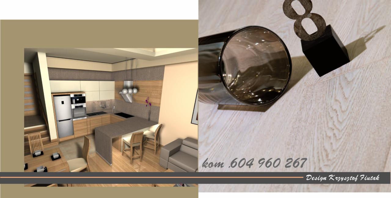 Wizualizacja 3D kuchni z jadalnią i salonem, nowoczesne meble, oświetlenie punktowe, obok trofeum i numer telefonu projektanta