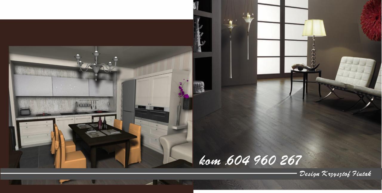 Wizualizacja przestronnej kuchni z jadalnią i salonem, z nowoczesnymi meblami w odcieniach bieli, szarości i brązu, oświetlonej wiszącymi lampami i lampą stołową, z ciemną drewnianą podłogą.