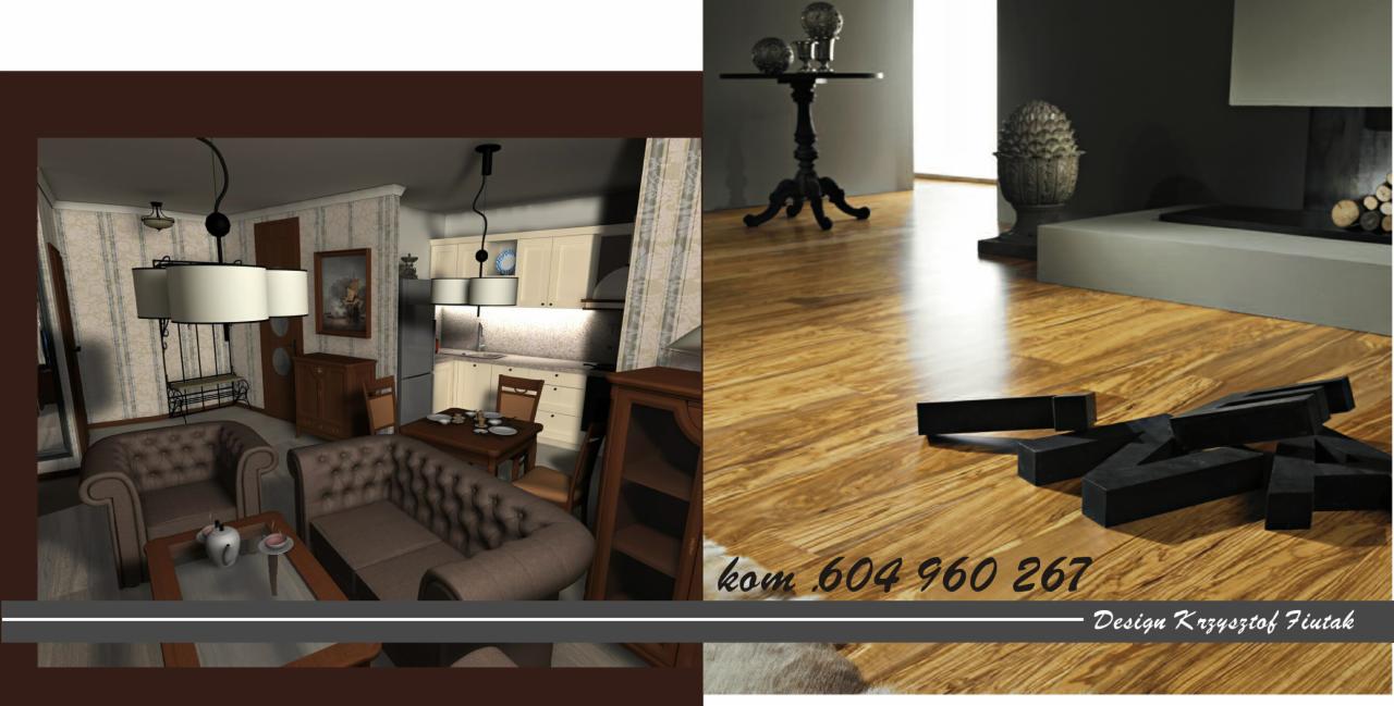 Wizualizacja salonu z jadalnią i kuchnią w stylu klasycznym, z brązowymi skórzanymi sofami, drewnianymi meblami i parkietem, połączona z ujęciem fragmentu podłogi z drewnianego parkietu, na której...