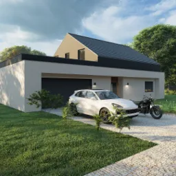 Nowoczesny dom jednorodzinny z płaskim dachem i grafitowymi elementami, biały Porsche Cayenne i czarny motocykl Triumph Bonneville na podjeździe z kostki brukowej, otoczony zielonym trawnikiem...