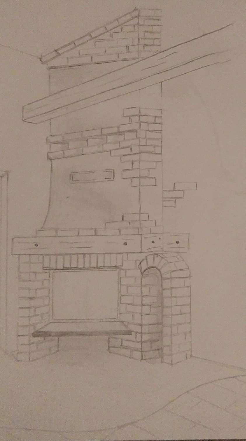 Szkic ołówkiem przedstawiający kominek z cegły z drewnianą belką nad paleniskiem i łukowym elementem po prawej stronie.