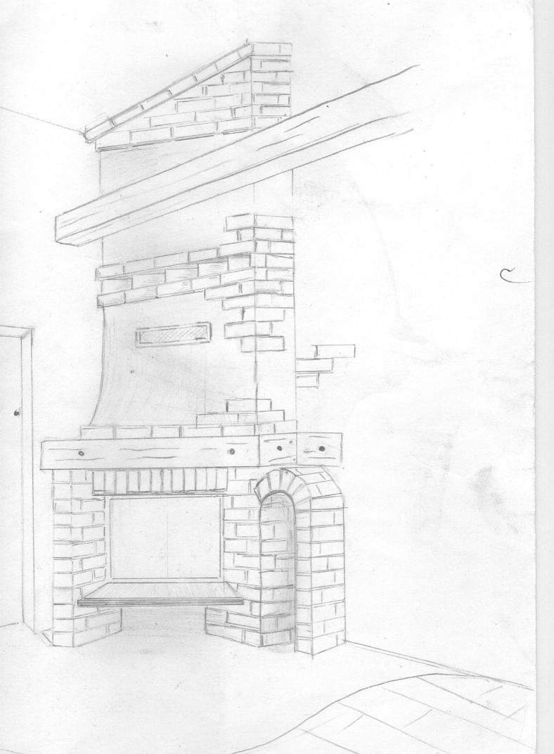 Szkic ołówkiem przedstawiający kominek z cegły w trakcie budowy, z widocznymi belkami drewnianymi i łukowym wejściem, na tle ściany i podłogi.