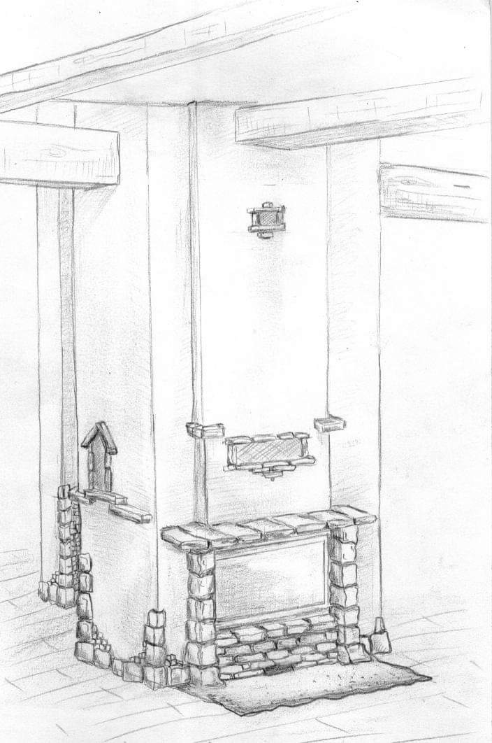 Szkic ołówkiem przedstawiający projekt kominka z kamienia z elementami dekoracyjnymi, w tym małym domkiem dla ptaków i rustykalną lampą ścienną.