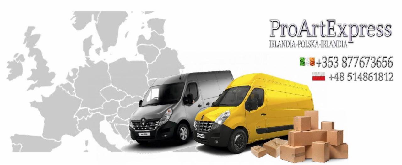 Dwa busy Renault Master: jeden szary, drugi żółty, z logiem firmy ProArtExpress i mapą Europy w tle, obok ułożone kartony.
