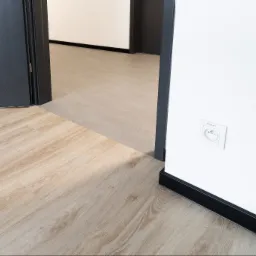 Jasne panele podłogowe w nowym wnętrzu, widoczne przez otwarte, ciemne drzwi. Biała ściana z gniazdkiem elektrycznym, czarna listwa przypodłogowa.