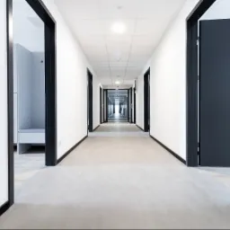 Długi, jasny korytarz z szarą posadzką i czarnymi framugami drzwi, perspektywa zbieżna. Widoczne wejście do pomieszczenia z białą szafką i siedziskiem.