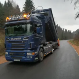 Niebieska ciężarówka marki Scania z podniesioną naczepą, stojąca na nowej asfaltowej drodze w otoczeniu lasu. Na dachu pojazdu zamontowane dodatkowe reflektory.