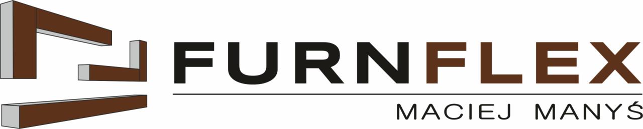 Logo firmy Furnflex z elementami graficznymi imitującymi przekroje drewnianych profili i nazwiskiem Maciej Manyś