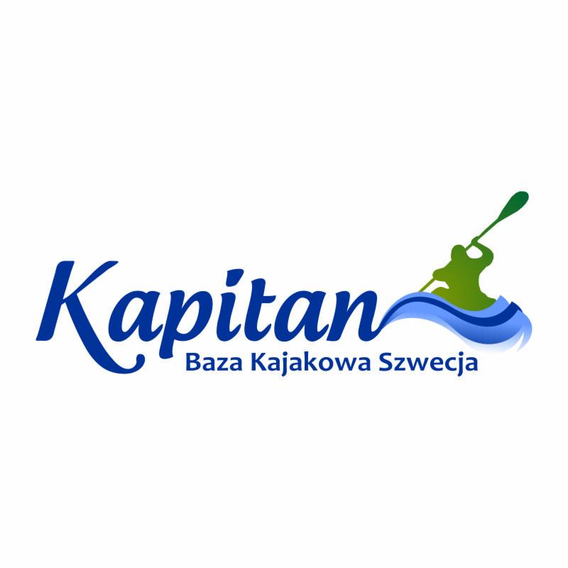 Logo firmy Kapitan - Baza Kajakowa Szwecja, przedstawiające kajakarza na falach.