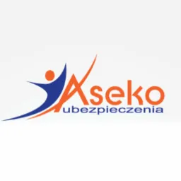 Logo firmy Aseko Ubezpieczenia z abstrakcyjną postacią w kolorze niebieskim i pomarańczowym.