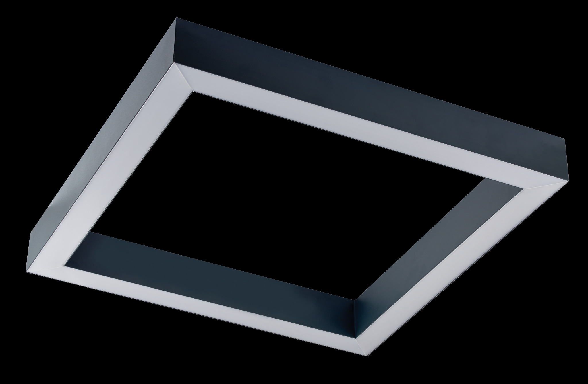 Kwadratowa lampa sufitowa LED z szarym korpusem i białym światłem na czarnym tle.