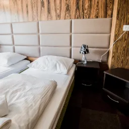 Pokój hotelowy z dwoma łóżkami pojedynczymi, beżowym zagłówkiem i drewnianą ścianą. Na stoliku nocnym stoi lampka z abażurem w liście.