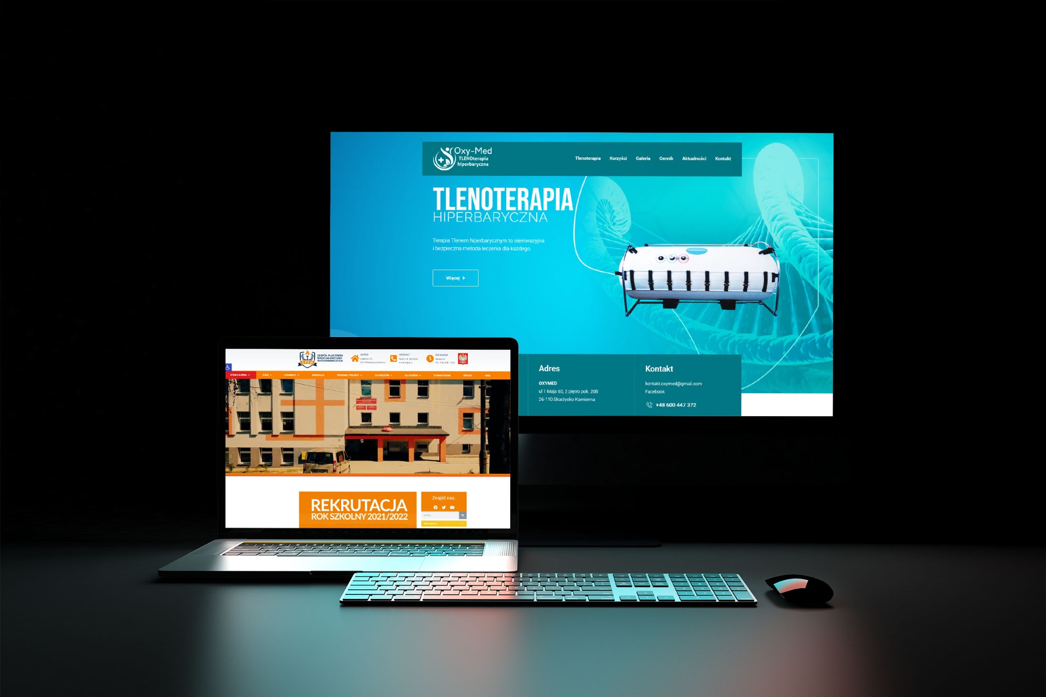 Laptop wyświetla stronę internetową firmy Oxy-Med z ofertą tlenoterapii hiperbarycznej oraz stronę szkoły z informacją o rekrutacji.