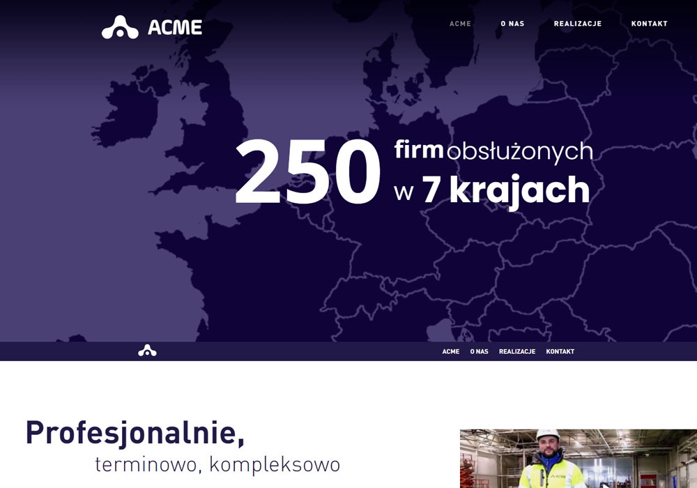 Grafika strony internetowej firmy ACME z Skarżyska-Kamiennej prezentująca mapę Europy, liczbę 250 firm obsłużonych w 7 krajach i hasło 'Profesjonalnie, terminowo, kompleksowo'.
