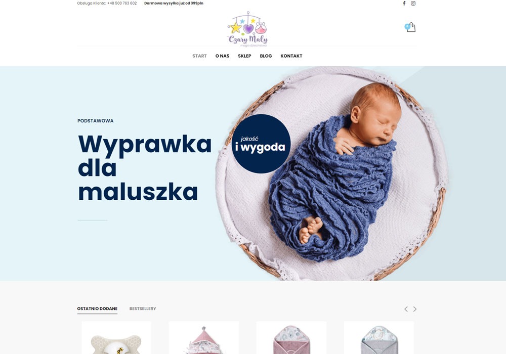 Strona internetowa sklepu z artykułami dla dzieci, prezentująca niemowlę zawinięte w niebieski kocyk w koszyku, z tekstem 'Wyprawka dla maluszka' i logo sklepu 'Czary Mały'.