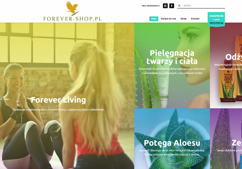 Strona internetowa sklepu Forever Living z uśmiechniętą kobietą ćwiczącą w tle, sekcją pielęgnacji twarzy i ciała, aloesu oraz suplementów diety.
