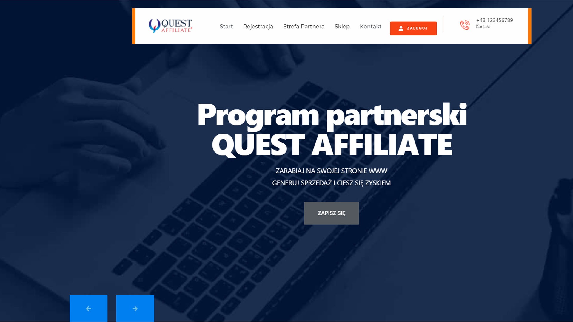 Strona internetowa programu partnerskiego Quest Affiliate z hasłem 'Zarabiaj na swojej stronie WWW, generuj sprzedaż i ciesz się zyskiem' na tle klawiatury laptopa.
